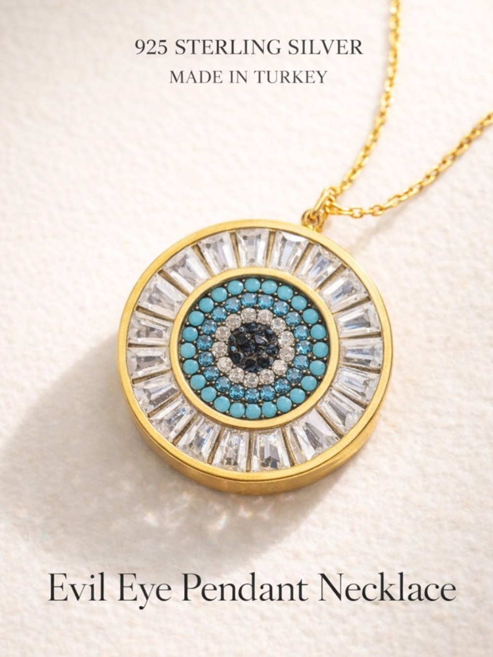 925 Sterling Silver Gold Evil Eye Necklace Crystal Turquoise Pendant Turkey